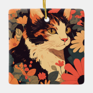 Elegant Calico Cat in Floral Garden Ceramic Ornament