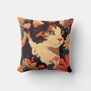 Elegant Calico Cat in Floral Garden Cushion