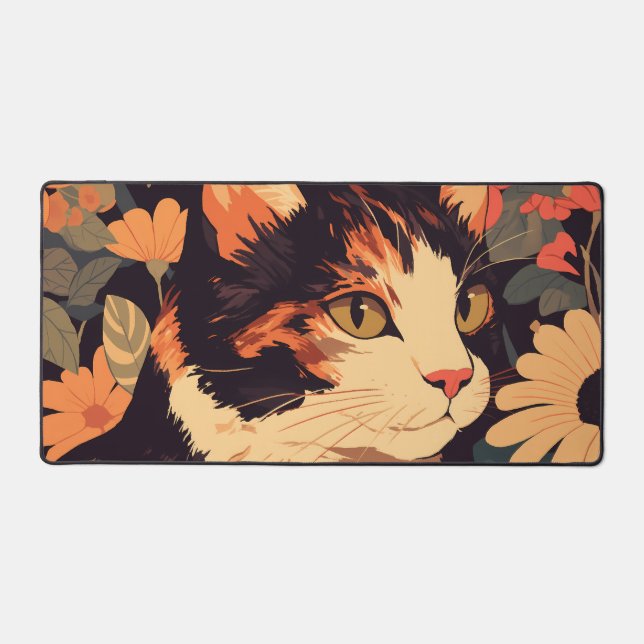 Elegant Calico Cat in Floral Garden Desk Mat (Front)