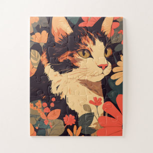 Elegant Calico Cat in Floral Garden Jigsaw Puzzle