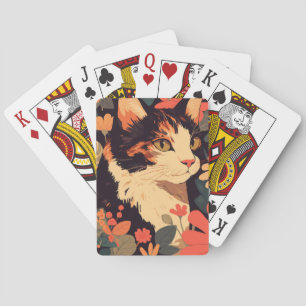 Elegant Calico Cat in Floral Garden Playing Cards