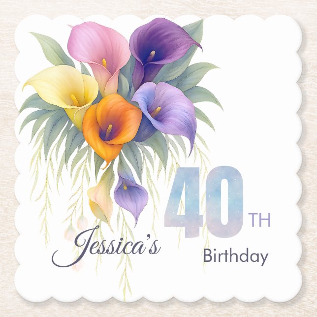 Elegant Calla Lily 40th Birthday Milestone Paper Coaster (Front)