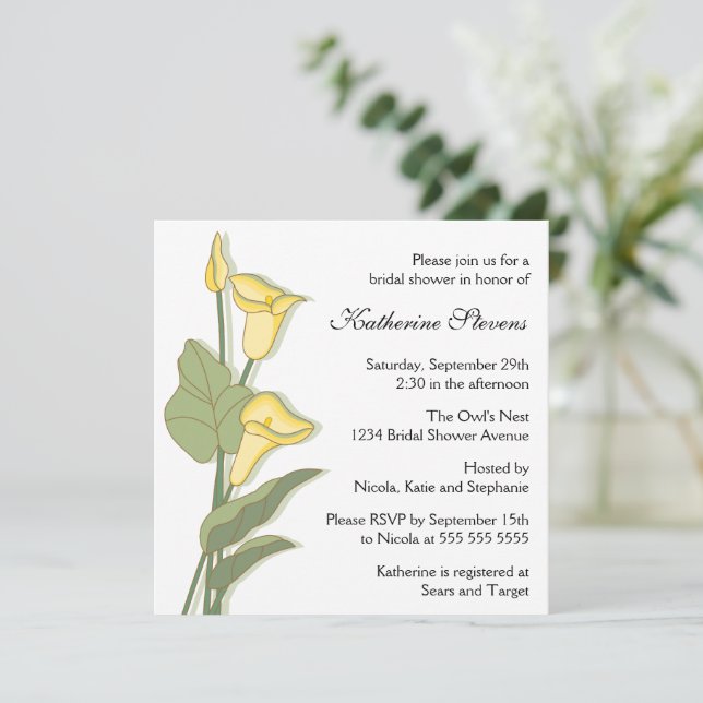 Elegant Calla Lily in Yellow Bridal Shower Invitation (Standing Front)