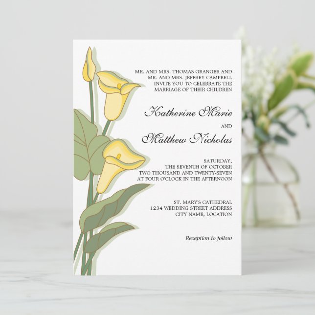 Elegant Calla Lily in Yellow Wedding Invitation (Standing Front)