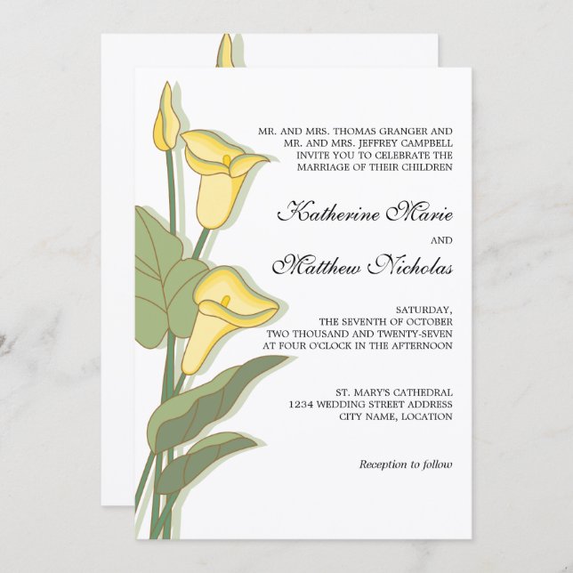 Elegant Calla Lily in Yellow Wedding Invitation (Front/Back)