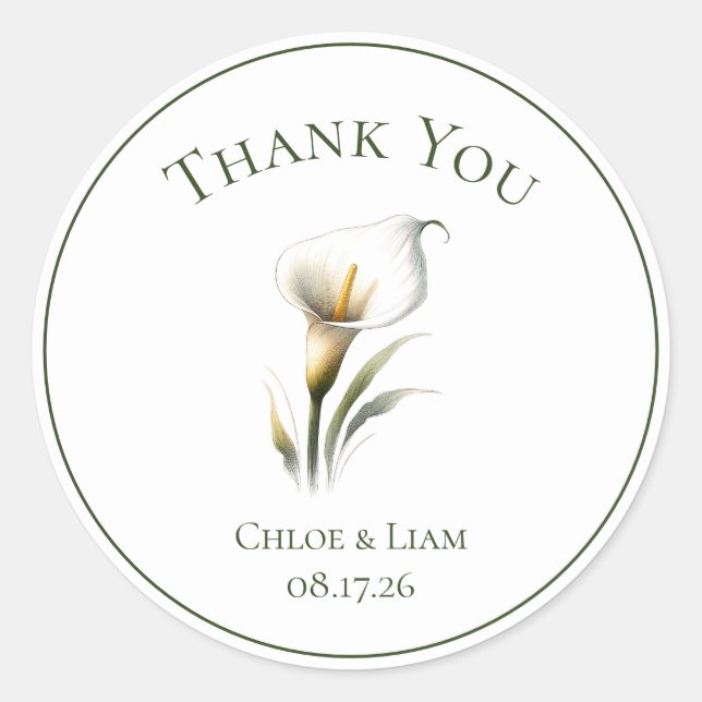 Elegant Calla Lily Thank You Wedding  Classic Round Sticker (Front)