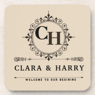 Elegant calligraphic initials monogram wedding  coaster
