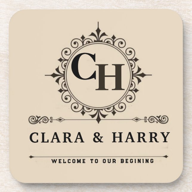 Elegant calligraphic initials monogram wedding  coaster (Front)