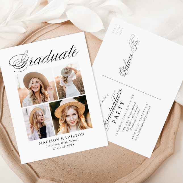 Elegant Calligraphy 4 Photo Graduation Party Invitation Postcard (Creator Uploaded)