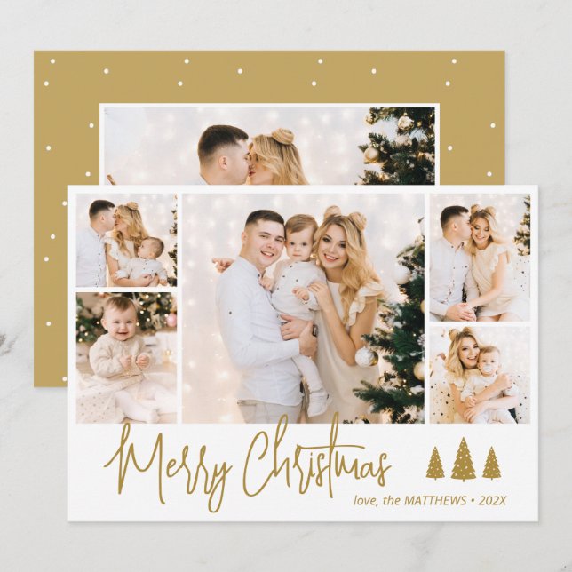 Elegant Calligraphy 5 Photo Collage Christmas Card (Front/Back)