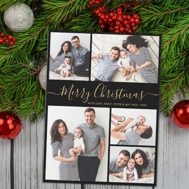 Elegant Calligraphy 5 Photo Collage Christmas  Holiday Card (Creator Uploaded)