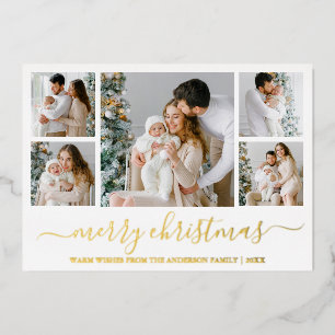 Elegant Calligraphy 5 Photo Merry Christmas Gold Foil Holiday Card