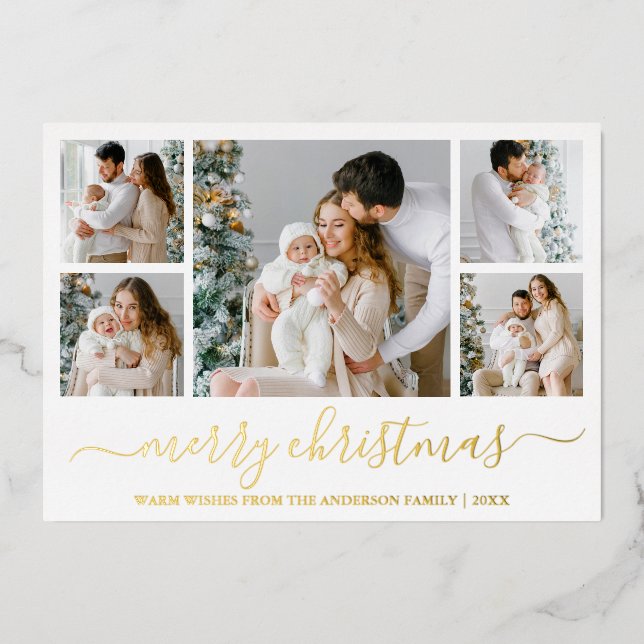 Elegant Calligraphy 5 Photo Merry Christmas Gold Foil Holiday Card (Front)