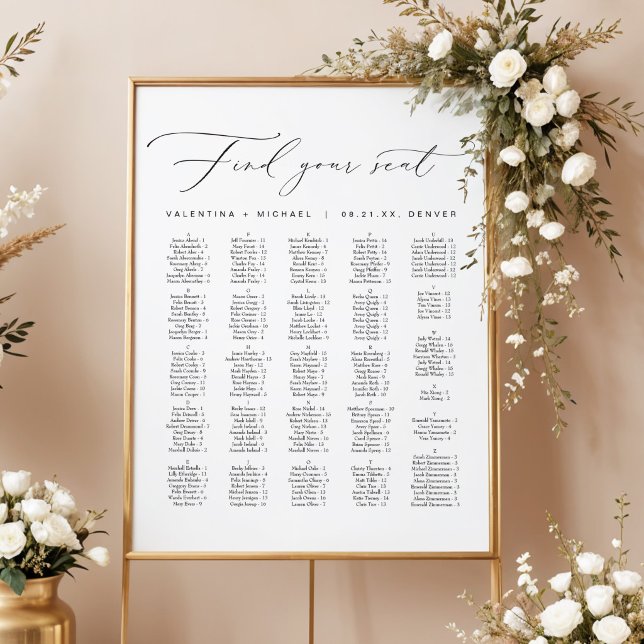 Elegant Calligraphy Alphabetical Wedding Seating Poster (Elegant Calligraphy Script Find Your Seat Alphabetical Seating Chart)