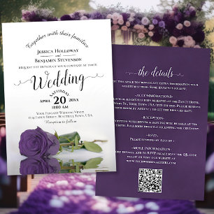 Elegant Calligraphy Amethyst Rose QR Code Wedding Invitation