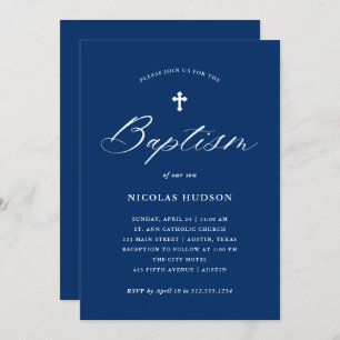Elegant Calligraphy and Cross   Navy Blue Baptism Invitation