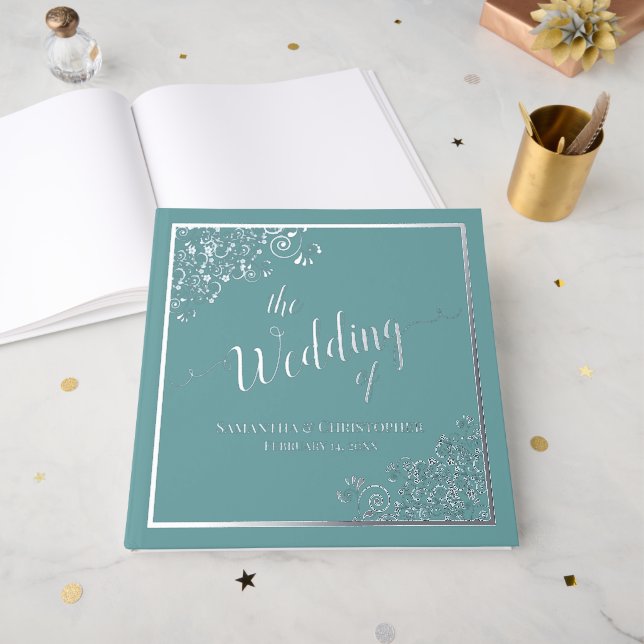 Elegant Calligraphy Aqua Teal Silver Foil Wedding Guest Book (Front Open)