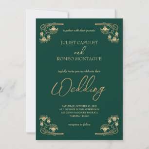 Elegant calligraphy & ArtDeco gold & green wedding Invitation