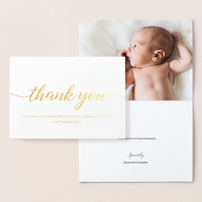 Elegant Calligraphy Baby Baptism thank you photo Foil Card (Display)