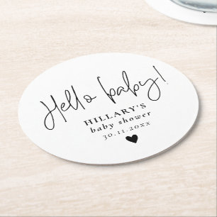 Elegant Calligraphy Baby Shower Hello baby Round Paper Coaster