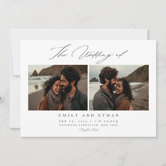 Elegant Calligraphy Beach Photo QR Code Wedding Invitation (Front)