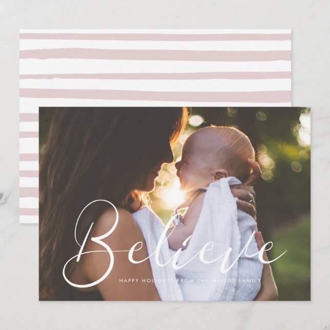 Elegant calligraphy Believe Inspirational Photo Holiday Card (Front/Back)