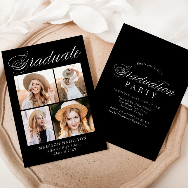 Elegant Calligraphy Black 4 Photo Graduation Party Invitation (Creator Uploaded)