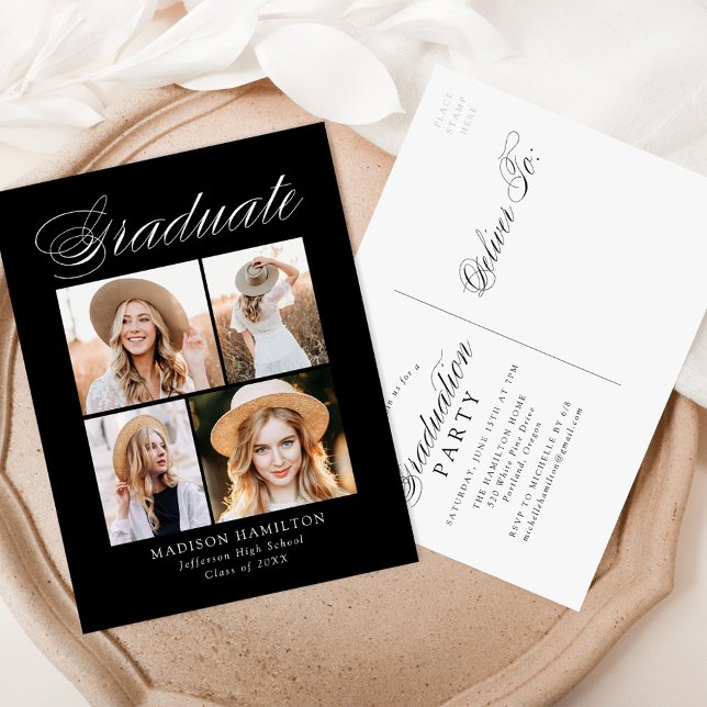 Elegant Calligraphy Black 4 Photo Graduation Party Invitation Postcard (Creator Uploaded)