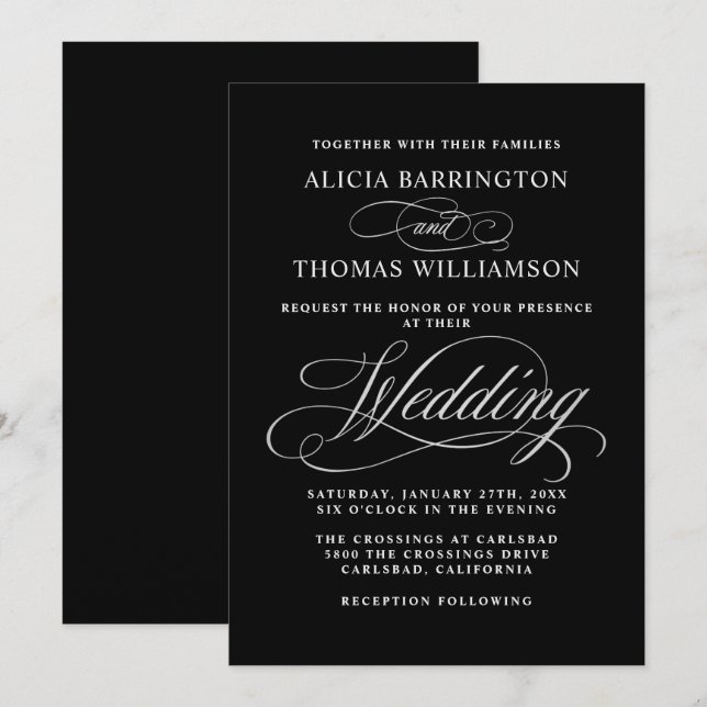 Elegant Calligraphy Black and Silver Wedding Invitation (Front/Back)