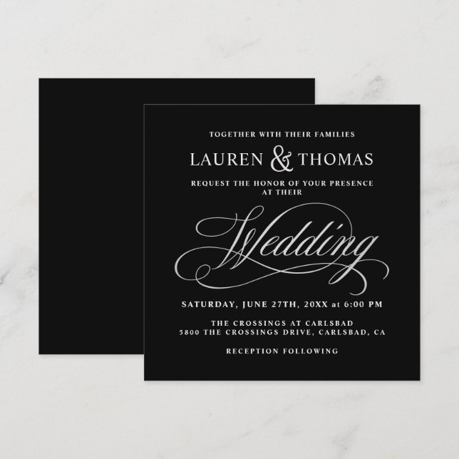 Elegant Calligraphy Black and Silver Wedding Invitation (Front/Back)