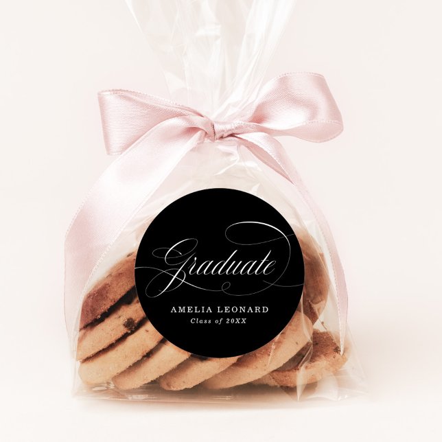 Elegant Calligraphy Black and White Graduation Classic Round Sticker (Creator Uploaded)