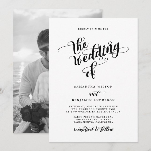 Elegant Calligraphy Black And White Photo Wedding Invitation (Front/Back)