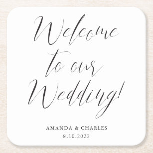 Elegant Calligraphy Black and White Wedding Bar  Square Paper Coaster