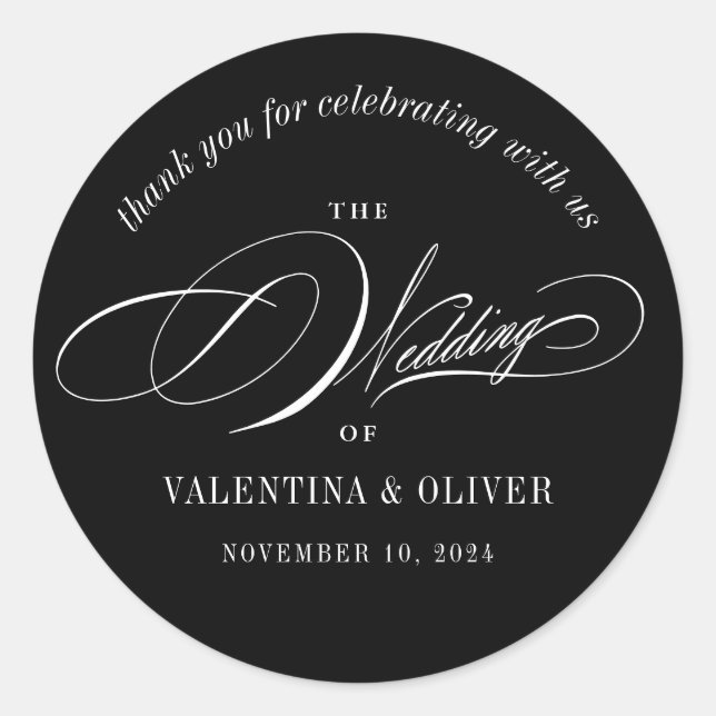 Elegant Calligraphy Black and White Wedding Classic Round Sticker (Front)