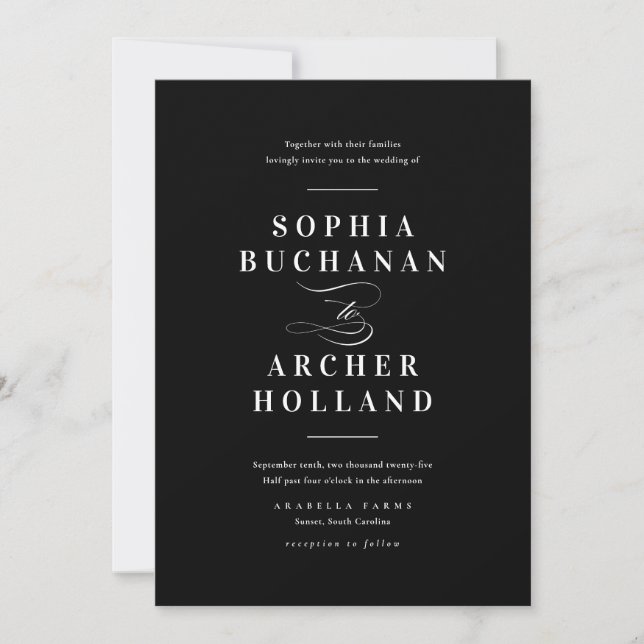 Elegant Calligraphy Black and White Wedding  Invitation (Front)