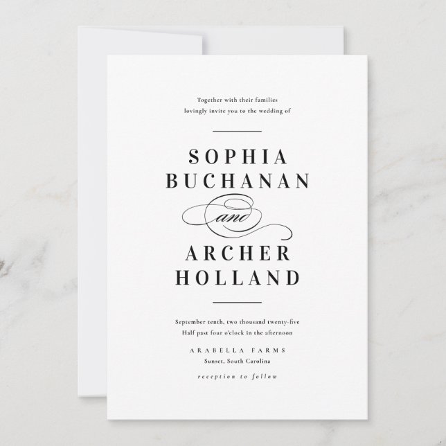 Elegant Calligraphy Black and White Wedding  Invitation (Front)