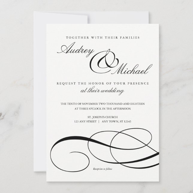 Elegant Calligraphy Black and White Wedding Invite (Front)