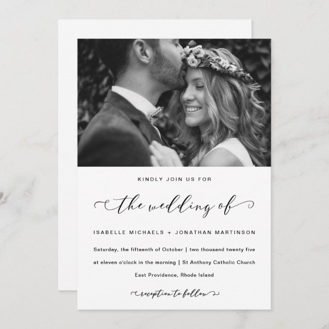 Elegant Calligraphy Black and White Wedding Photo Invitation (Front/Back)