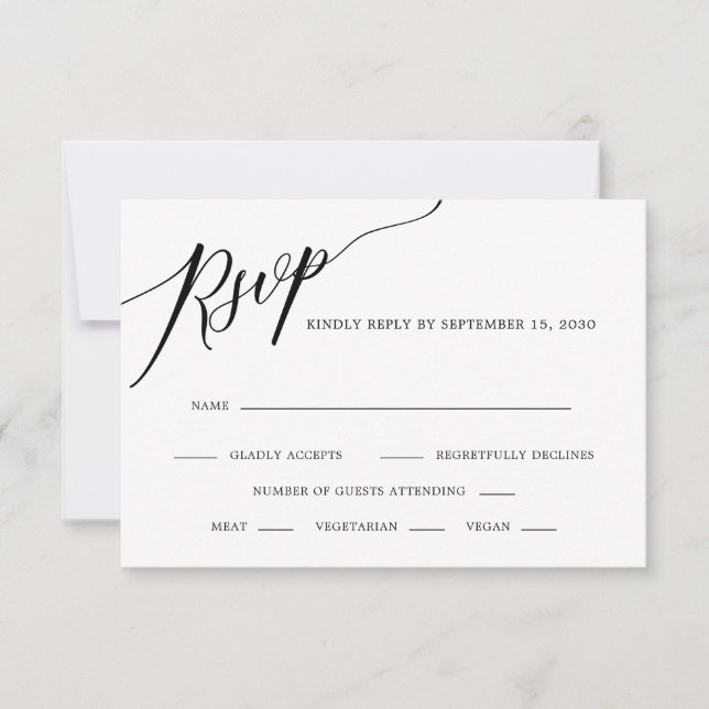 Elegant Calligraphy Black and White Wedding RSVP C Card (Front)