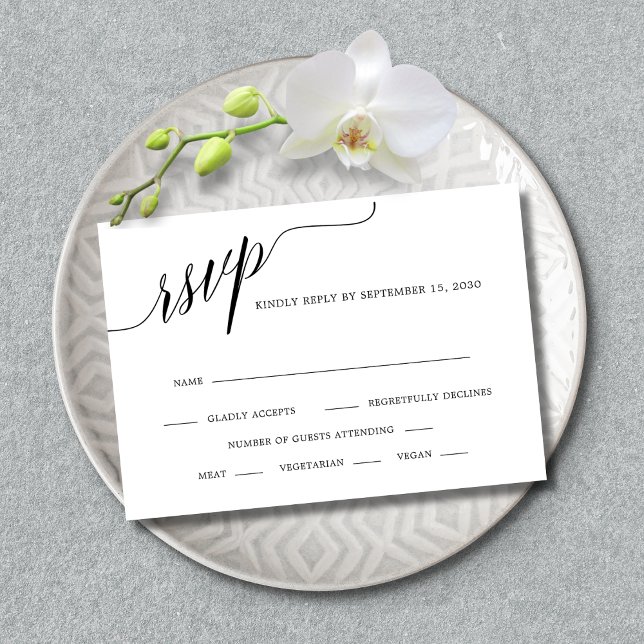 Elegant Calligraphy Black and White Wedding RSVP Card (Wedding Invitation RSVP Enclosure Card - Elegant Splendor Calligraphy - White)