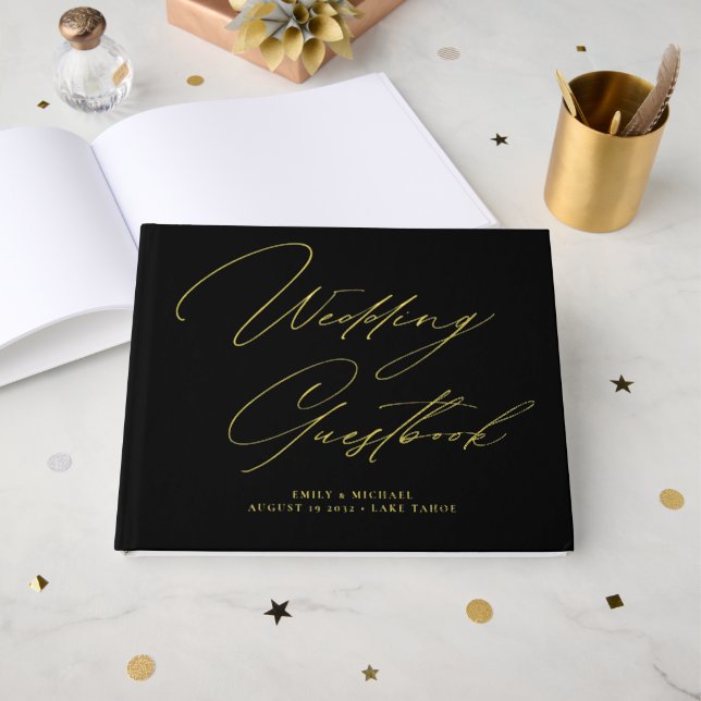 Elegant Calligraphy Black Gold Foil Wedding  Guest Book (Front Open)