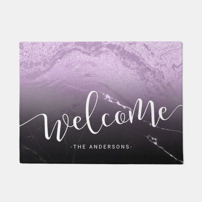 Elegant calligraphy black marble & purple welcome doormat (Front)