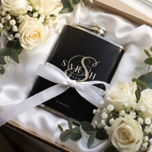 Elegant Calligraphy Black Monogram Bridesmaid Gift Hip Flask