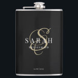 Elegant Calligraphy Black Monogram Bridesmaid Gift Hip Flask<br><div class="desc">This lovely custom bridesmaid flask features personalised bridesmaid's name,  calligraphy monogram in golden colour,  bride and groom's names,  and wedding date. All text is editable. You can also easily change the background and fonts colours to match your event if you like.</div>
