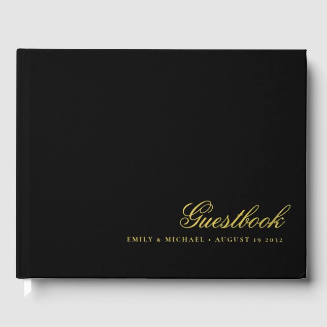 Elegant Calligraphy Black Real Gold Foil Wedding  Guest Book (Front)