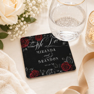 Elegant Calligraphy Black Red Floral Wedding Square Paper Coaster