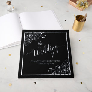 Elegant Calligraphy Black & Silver Foil Wedding Guest Book