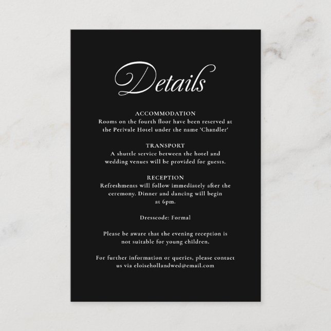 Elegant Calligraphy Black Wedding Details Enclosur Enclosure Card (Front)