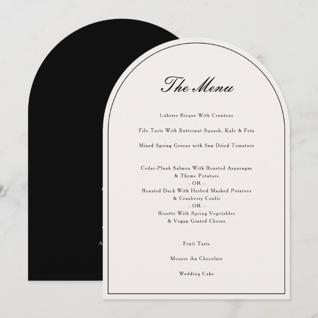Elegant Calligraphy Black Wedding Dinner Menu Card (Front/Back)