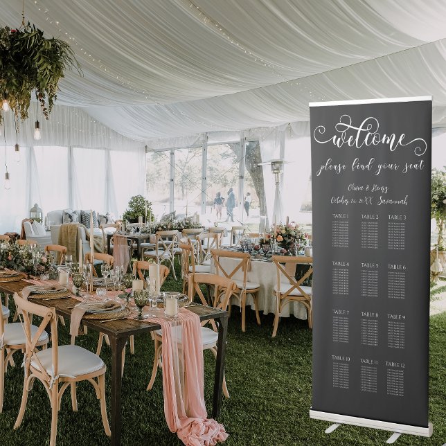 Elegant Calligraphy Black Wedding Seating Chart Retractable Banner (Creator Uploaded)